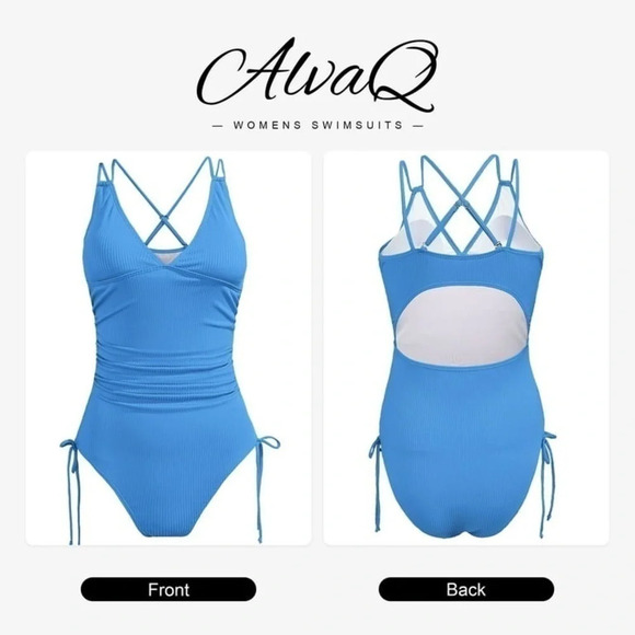 Ribbed One Piece Swimsuit Tummy Control High Cut Bathing Suit V Neck bikini - Picture 4 of 13